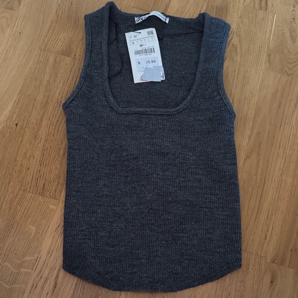 Zara Dark Charcoal Ribbed Scoop-Neck Tank